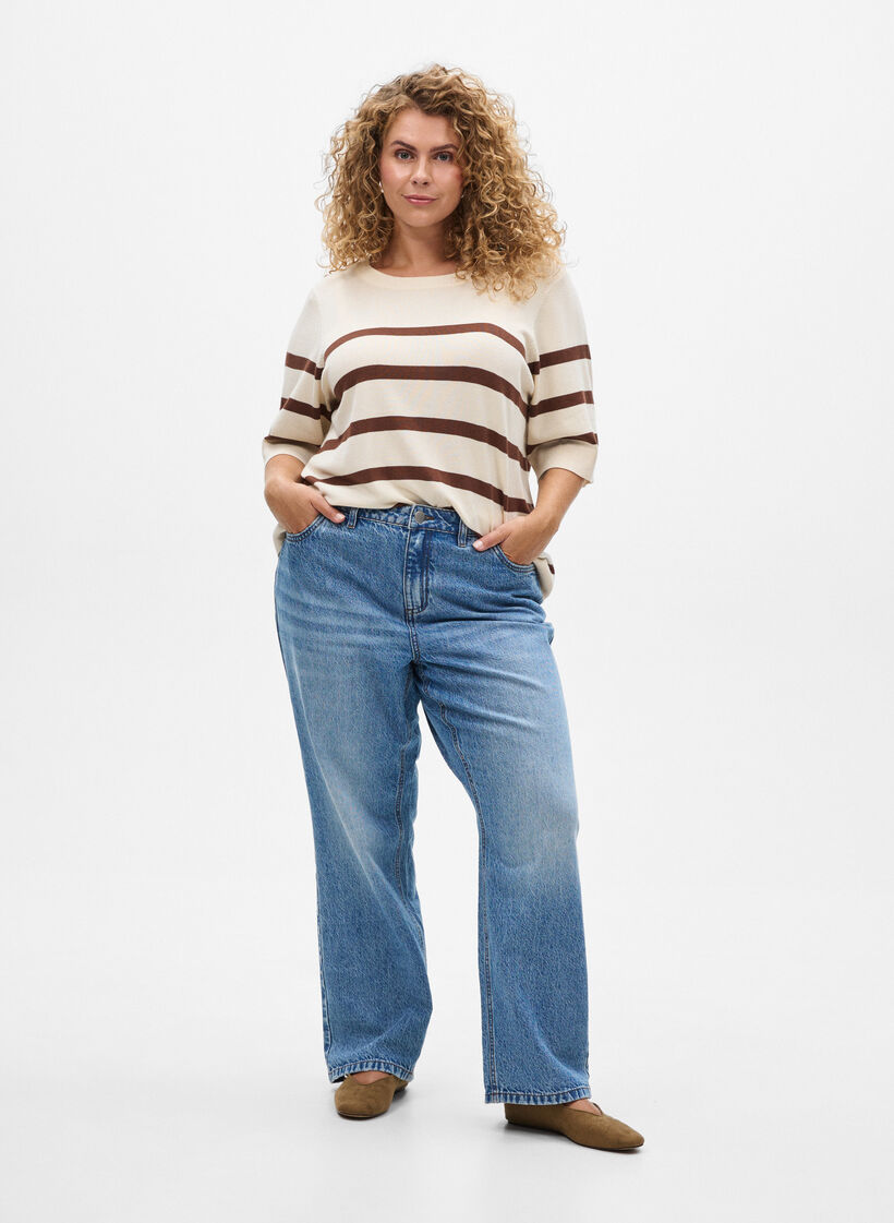 Pasiasty, dzianinowy top z krótkim rekawem, Beżowy, Model image number 1