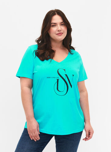 Bawelniana koszulka z nadrukiem, Turquoise SUN, Model image number 0