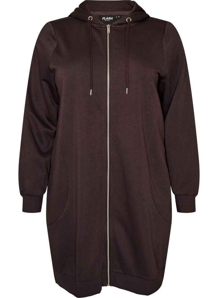 Dluga bluza z kapturem, zamkiem blyskawicznym i kieszeniami, Brązowy, Packshot image number 0