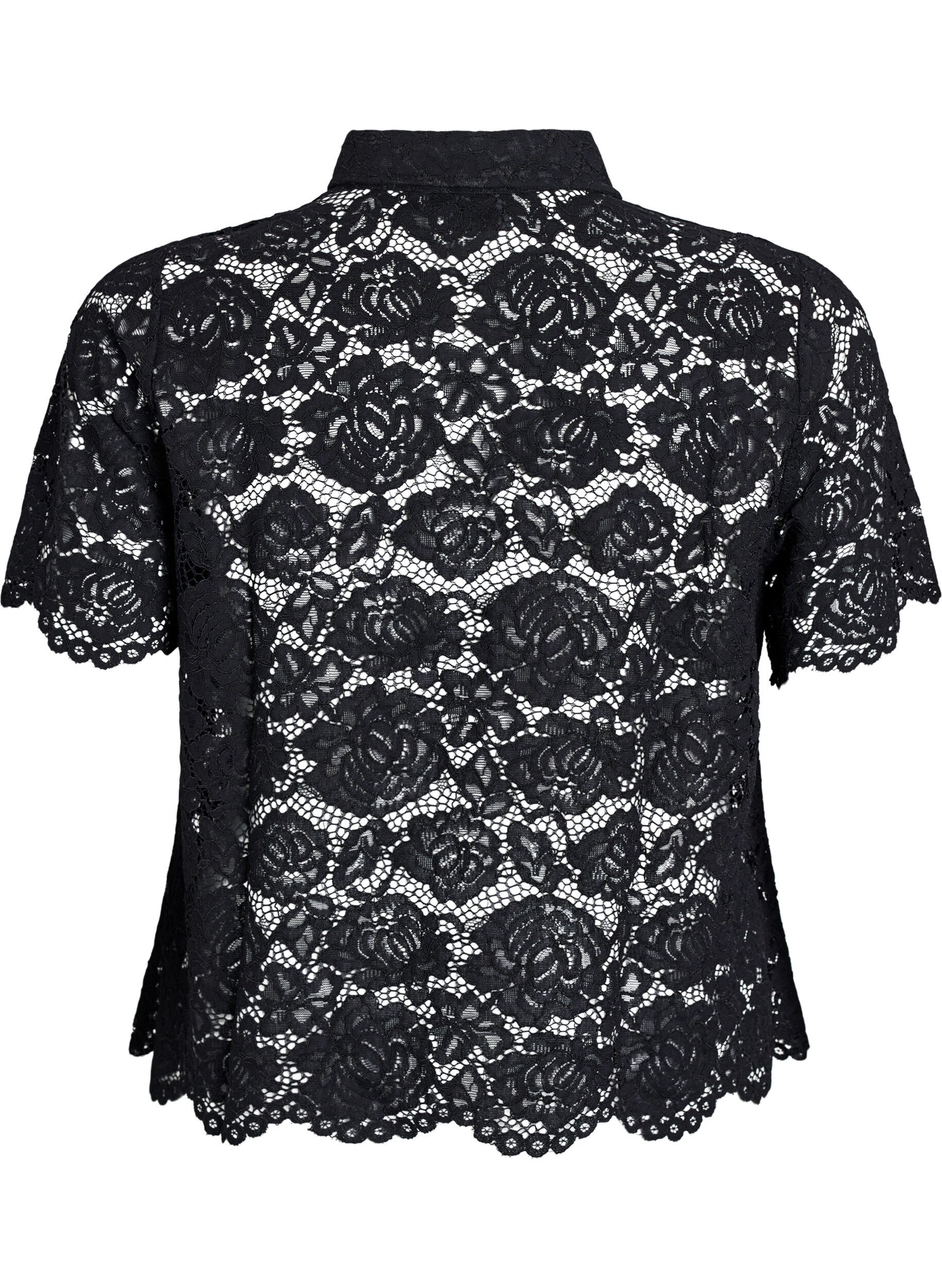 Zizzi Koronkowa bluzka koszulowa z perlowymi guzikami, Czarne, Packshot image number 1