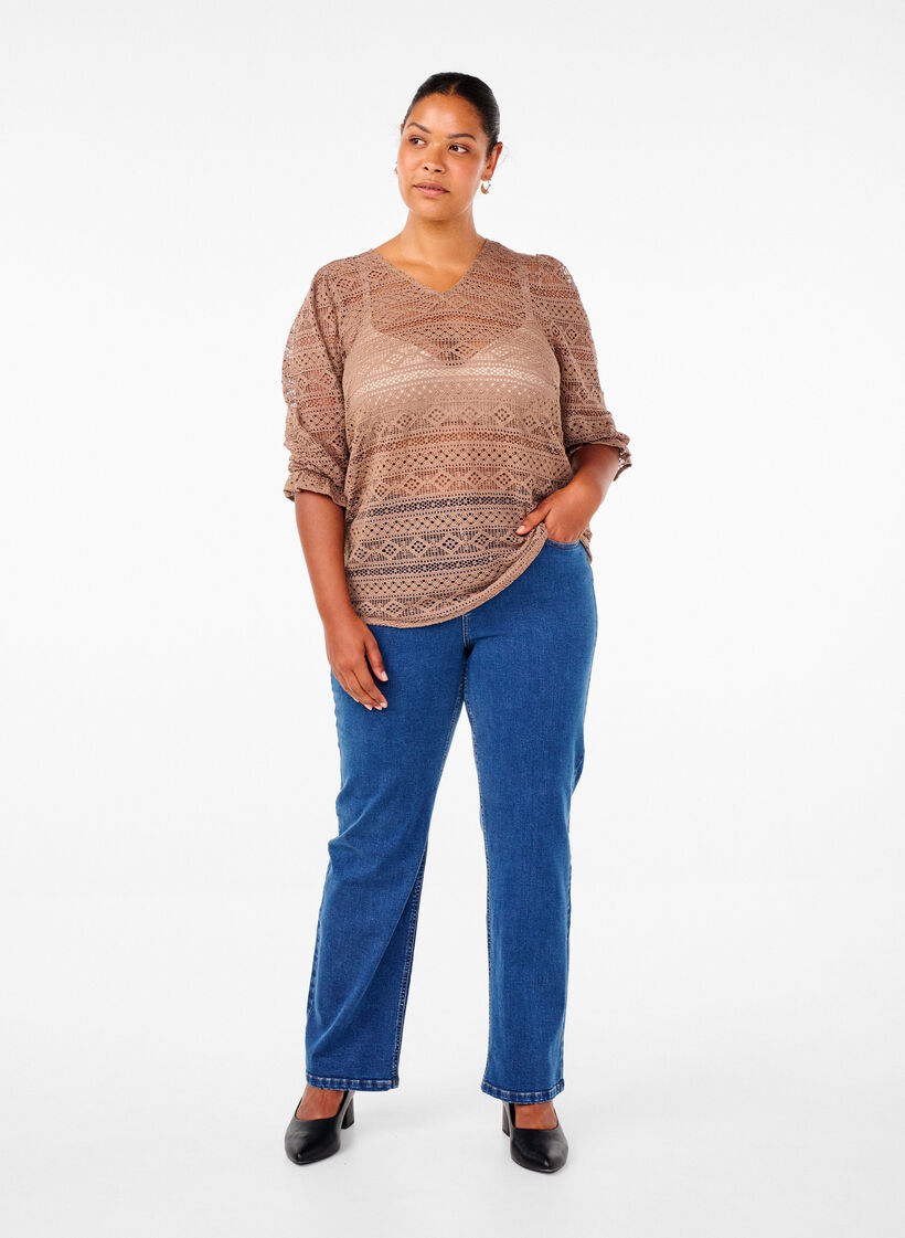 Bluzka z dziurkami i rekawami 3/4, Brązowy, Model image number 1