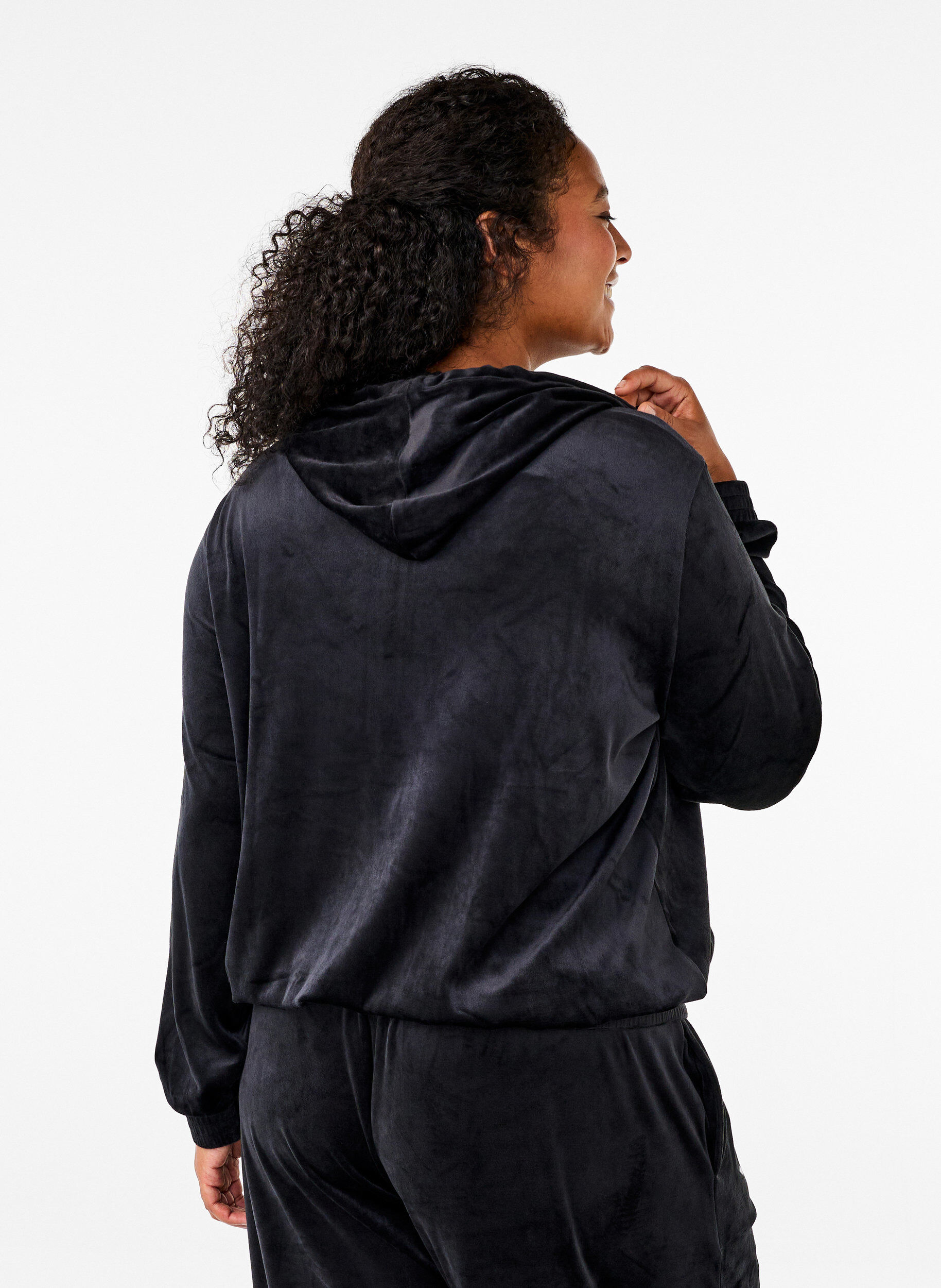 Zizzi Welurowy kardigan z kapturem, Black, Model image number 1