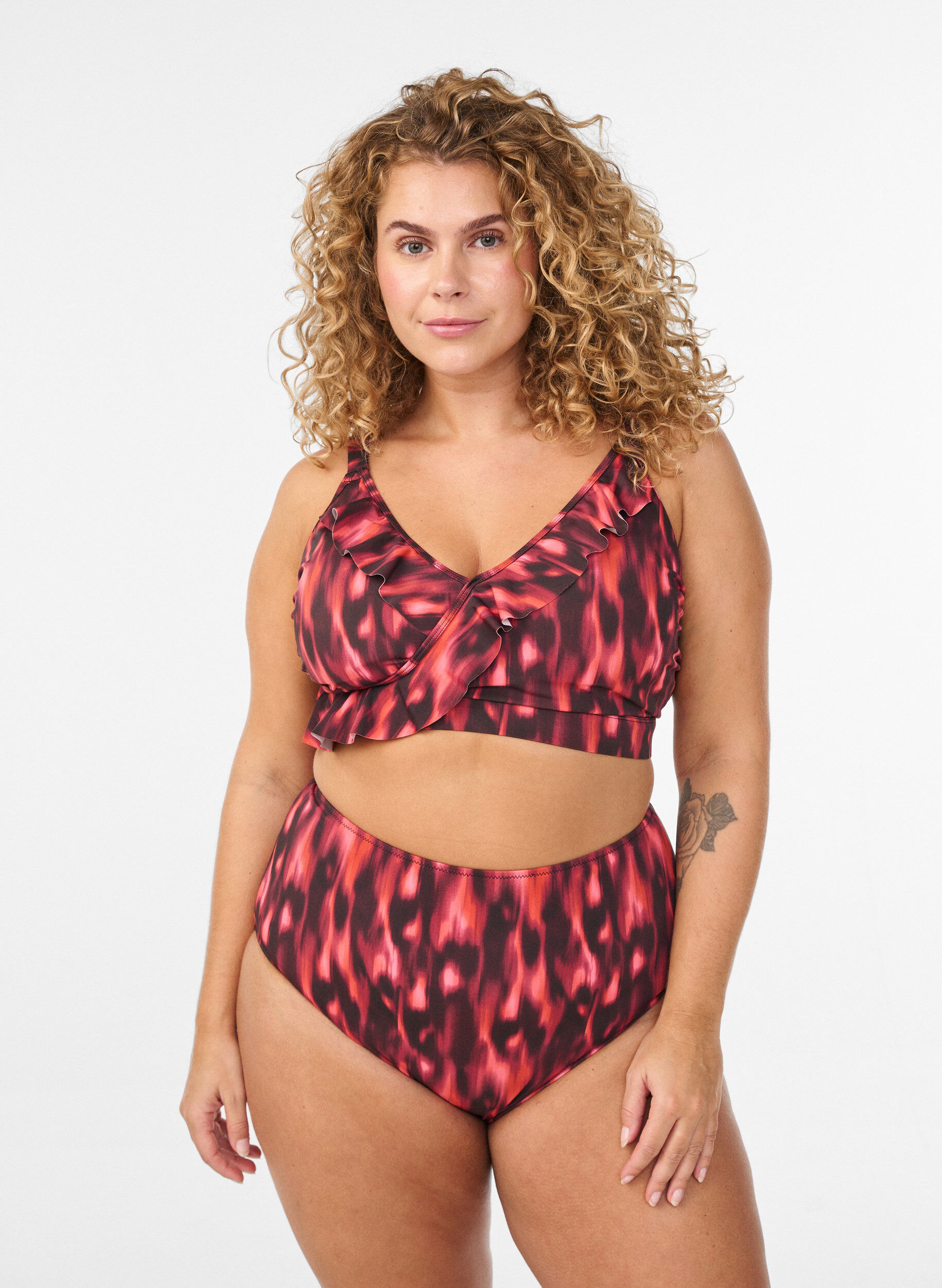 Figi damskie bikini z nadrukiem i wysokim stanem, Czerwony, Model
