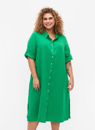 Bawelniana sukienka koszulowa z krótkimi rekawami, Bright Green, Model image number 0