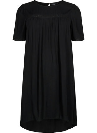 Wiskozowa sukienka z koronkowym paskiem, Black, Packshot image number 0