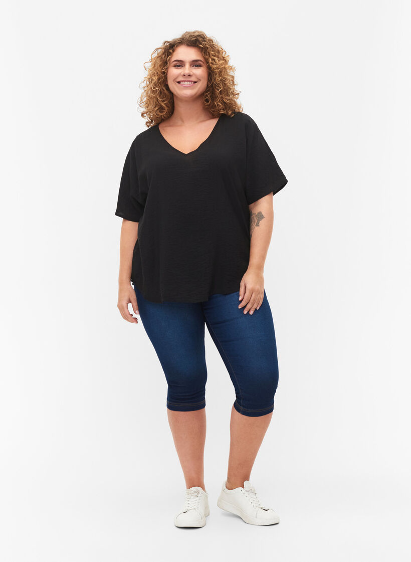 Short-sleeved viscose blouse with v-neck, Black, Model image number 2