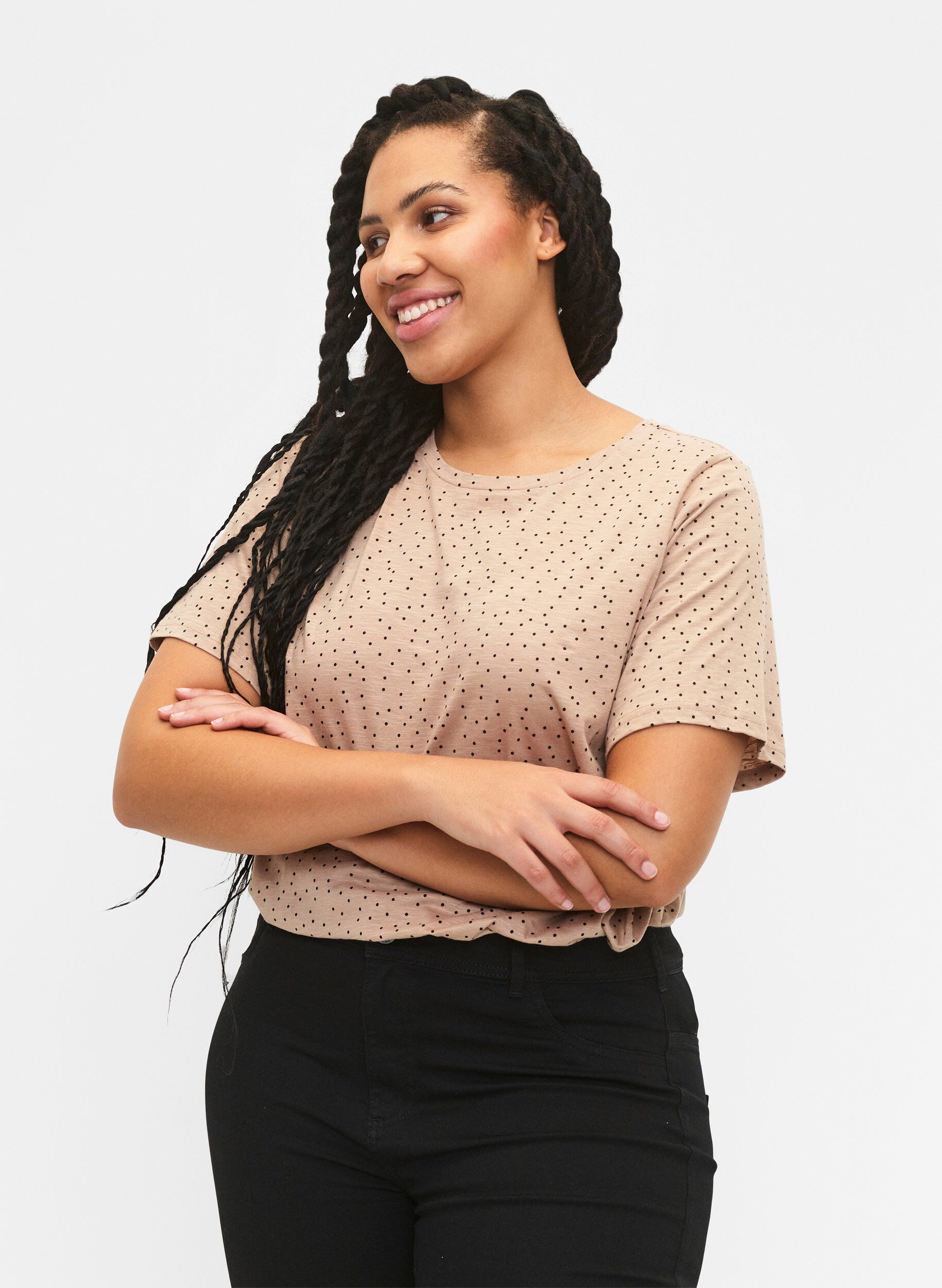 Zizzi T-shirt z organicznej bawelny w kropki, Beżowy, Model image number 0