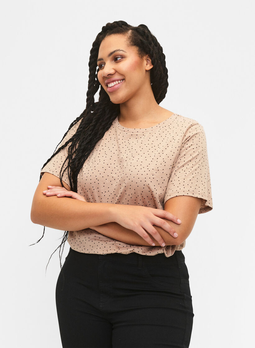 T-shirt z organicznej bawelny w kropki, Beżowy, Model image number 0