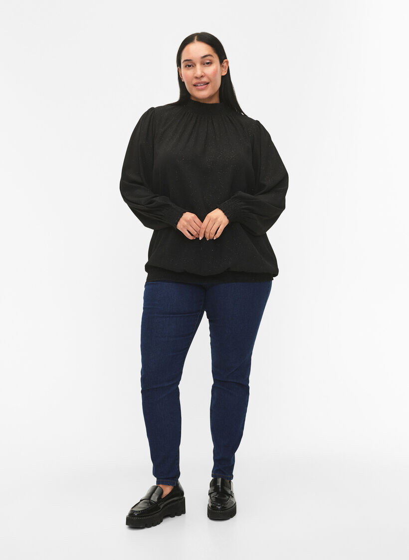 FLASH – brokatowa bluzka z dlugim rekawem i marszczeniami, Black w. Silver, Model image number 2