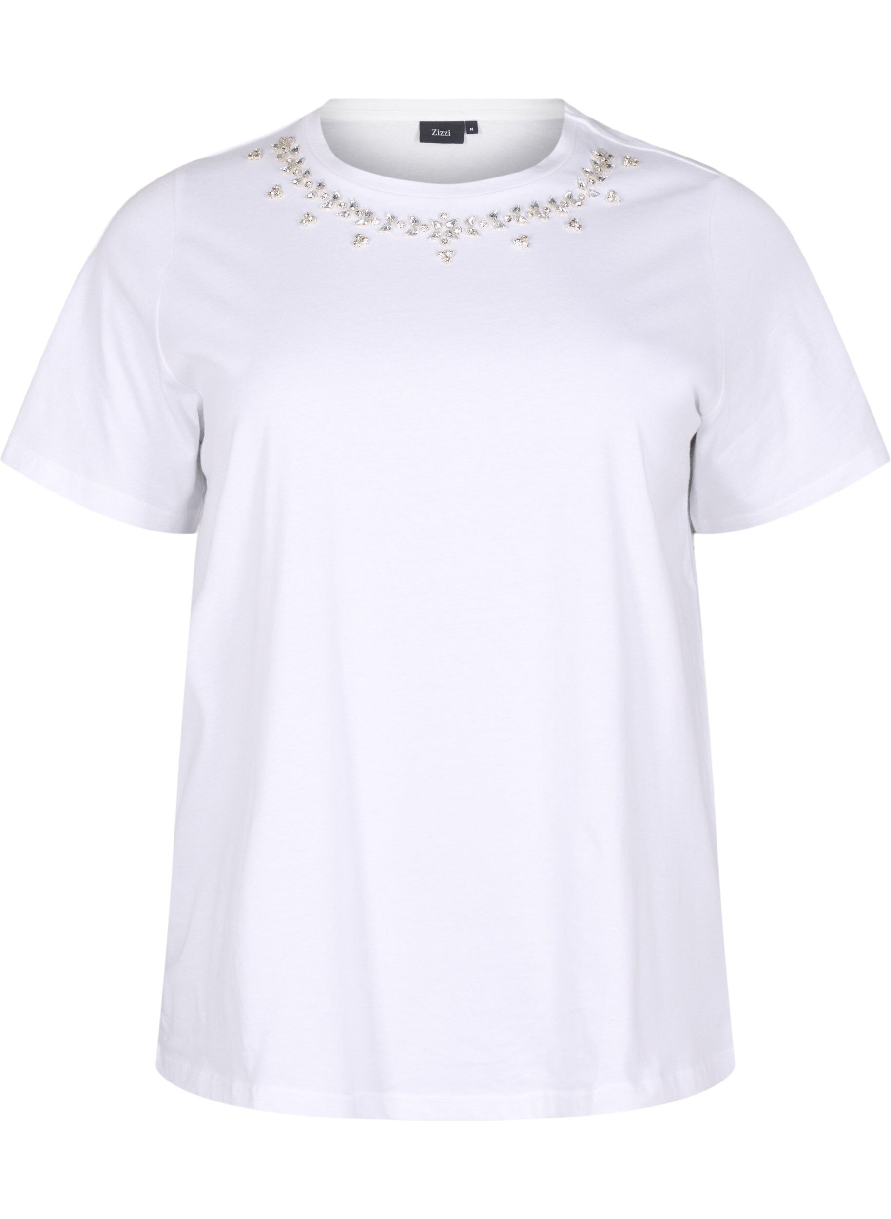 Zizzi T-shirt z okraglym dekoltem i dzetami, Bright White, Packshot image number 0