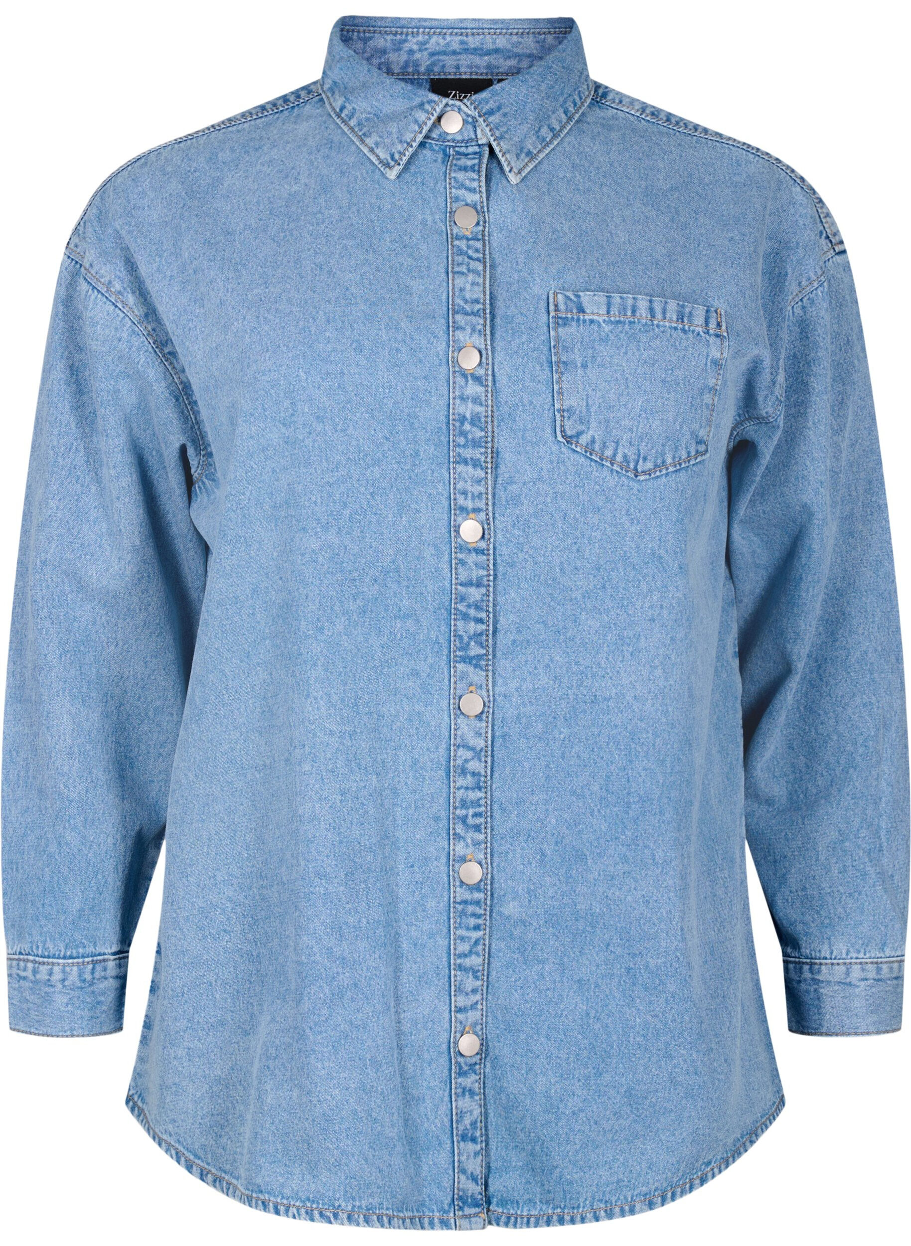 Zizzi Luzna koszula dzinsowa z kieszenia na piersi, Light blue denim, Packshot image number 0