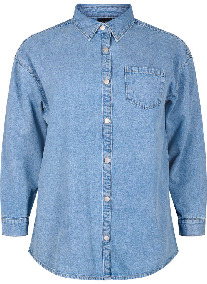 Luzna koszula dzinsowa z kieszenia na piersi, Light blue denim, Packshot image number 0