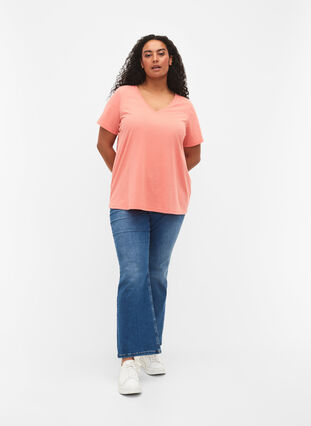 T-shirt z krótkim rekawem i dekoltem w szpic, Bright Coral, Model image number 2