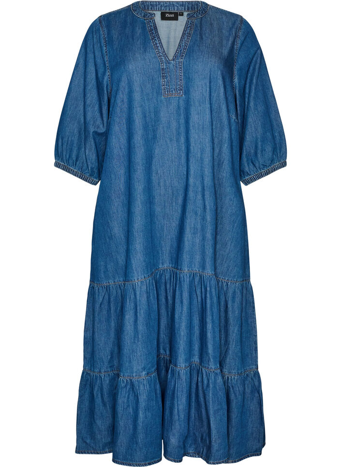 Maxi sukienka z odziezy jeansowej z falbankami, Niebieskie, Packshot image number 0