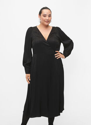 Wiskozowa sukienka z dlugim rekawem i nadrukiem w tym samym kolorze, Black, Model image number 0