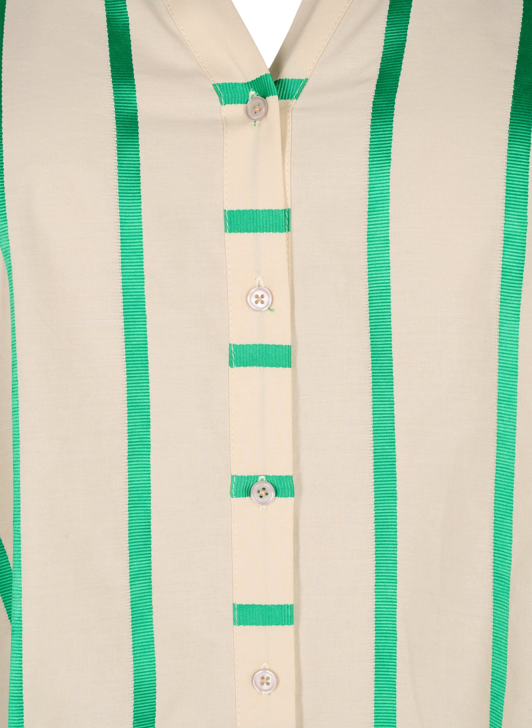 Zizzi Bawelniana bluzka koszulowa w paski z kolnierzykiem z falbanami, Beige Green Stripe, Packshot image number 2
