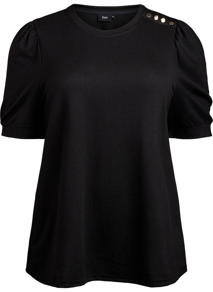 Bluzka z guzikami i krótkimi bufiastymi rekawami, Czarne, Packshot image number 0