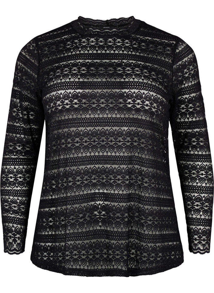 Koronkowa bluzka z dlugimi rekawami, Black, Packshot image number 0