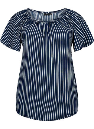 Gladka wiskozowa bluzka z krótkim rekawem, Navy B./White Stripe, Packshot image number 0