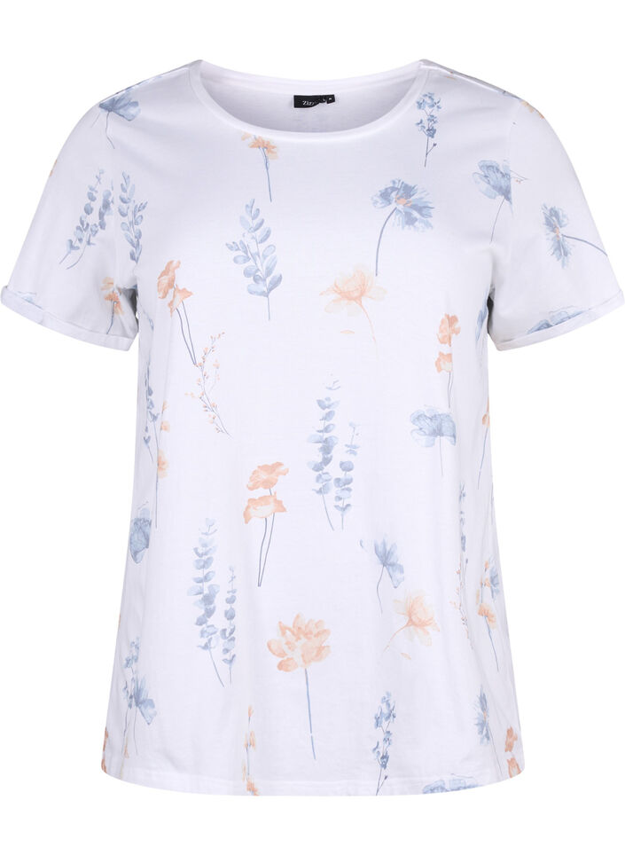 T-shirt z organicznej bawelny z nadrukiem w kwiaty, White W. Blue flower, Packshot image number 0