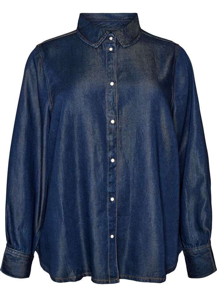 Koszula z denimu z lyocellu zapinana na zatrzaski, Niebieskie, Packshot image number 0