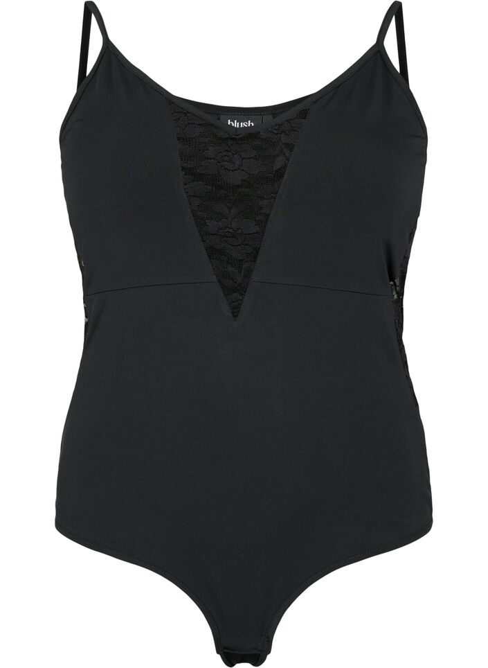 Bodystocking z koronka i waskimi ramiaczkami, Black, Packshot image number 0