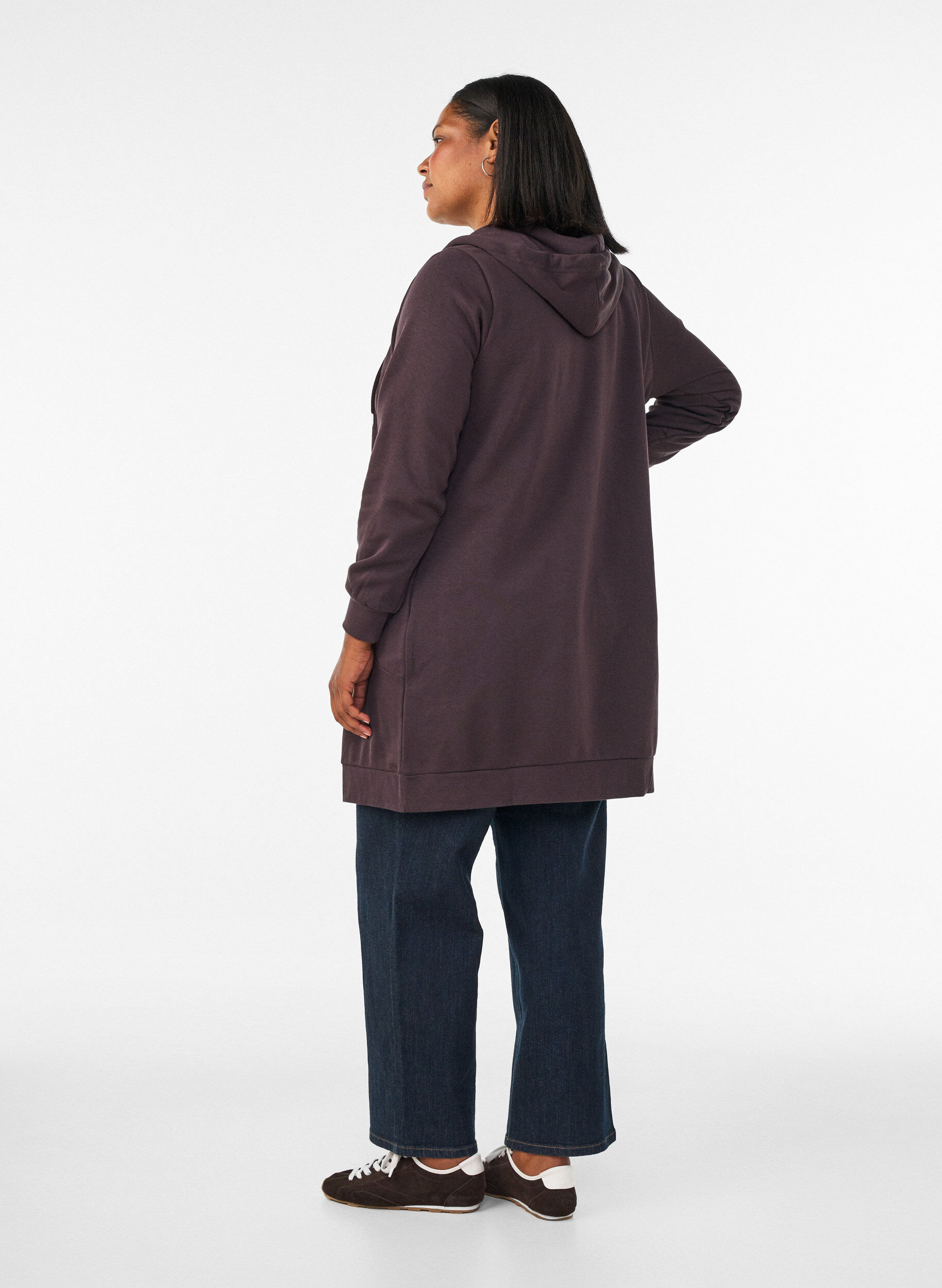 ZizziDluga bluza z kapturem, zamkiem blyskawicznym i kieszeniami, Brązowy, Model image number 2