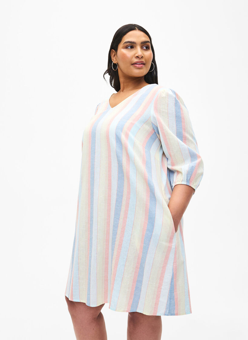 Krótka sukienka z mieszanki bawelny z lnem, Multi Color Stripe, Model image number 0