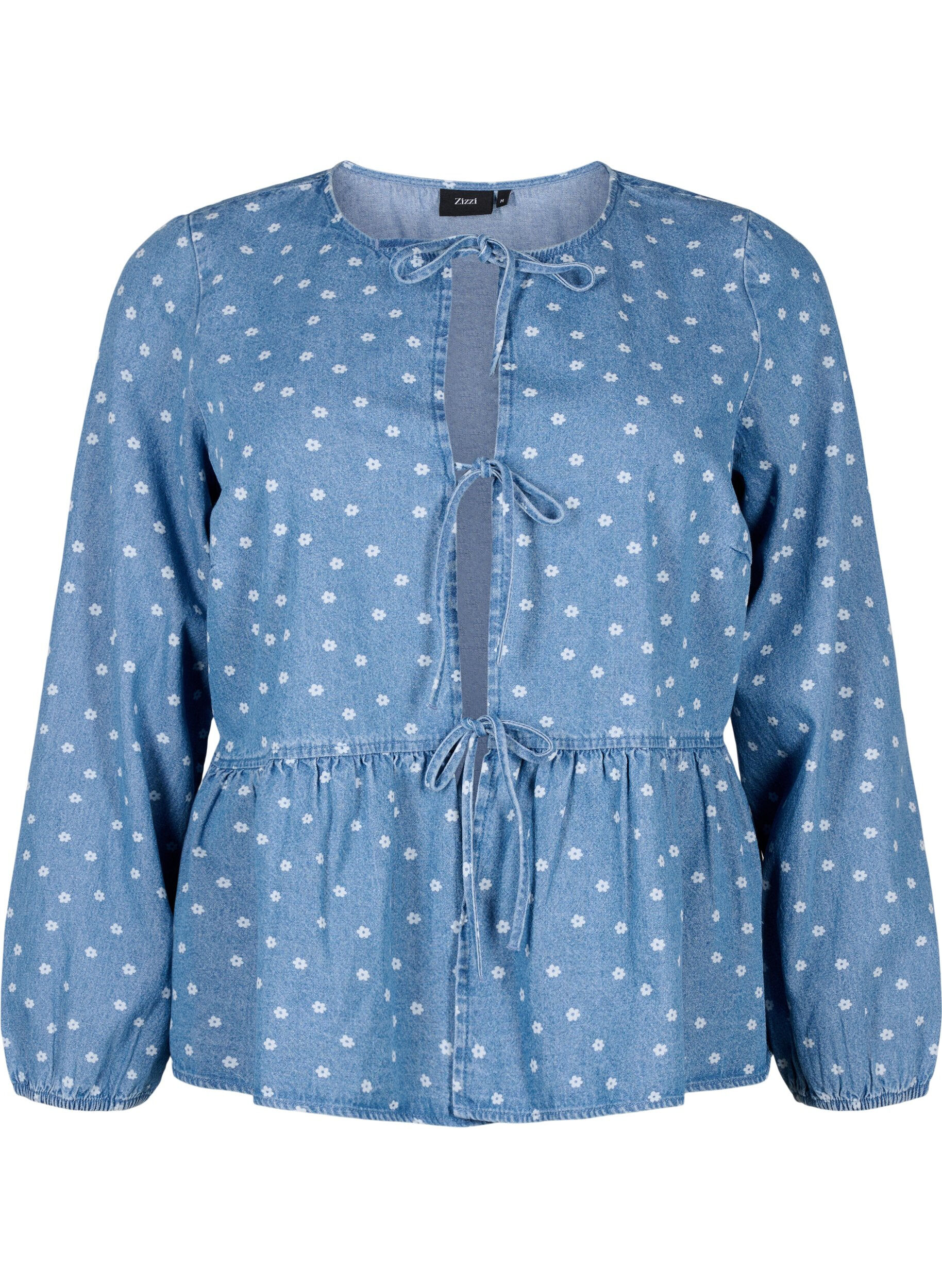 Zizzi Dzinsowa bluzka z baskinka i wiazaniem, Light Blue w.Flowers, Packshot image number 0