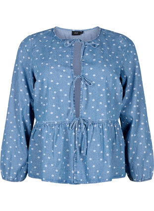 Dzinsowa bluzka z baskinka i wiazaniem, Light Blue w.Flowers, Packshot image number 0