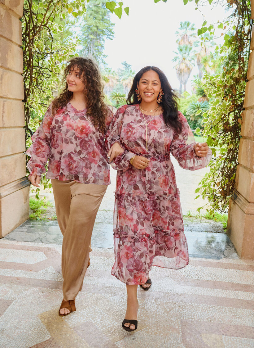 Kwiatowa sukienka midi z falbankami i przezroczystymi rekawami, R&oacute;żowy, Image image number 0