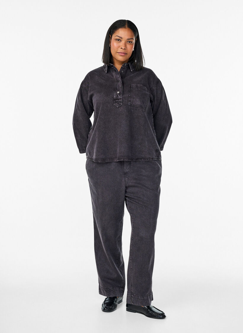 Luzna koszula z denimu z 3/4-sleeves, Szary, Model image number 1