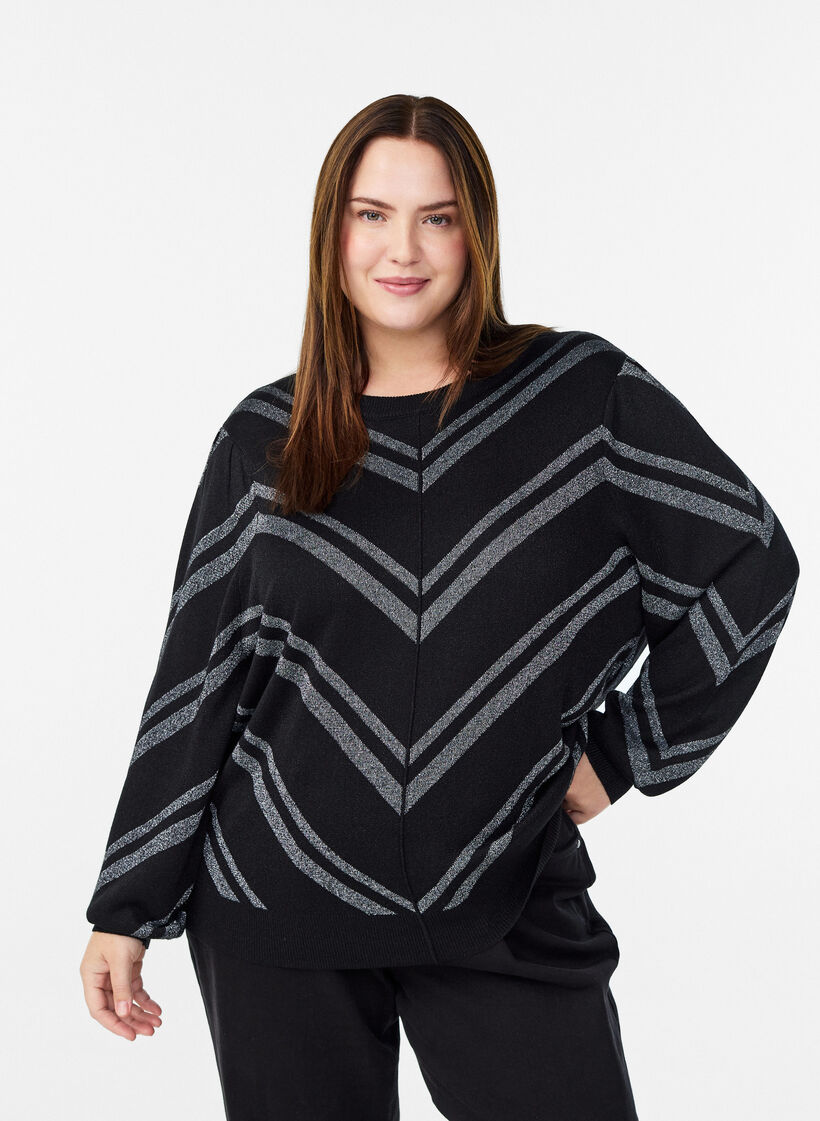 Bluzka z dzianiny ze wzorem z efektem brokatu, Czarne, Model image number 0