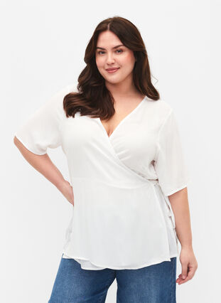 Wiskozowa bluzka w kopertowym stylu, Bright White, Model image number 0