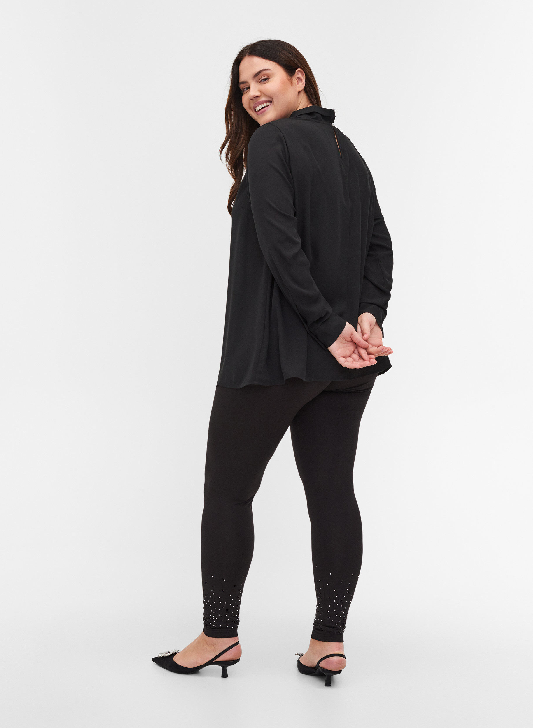 Zizzi Viscose blend leggings with decorative rhinestones, Black, Model image number 1
