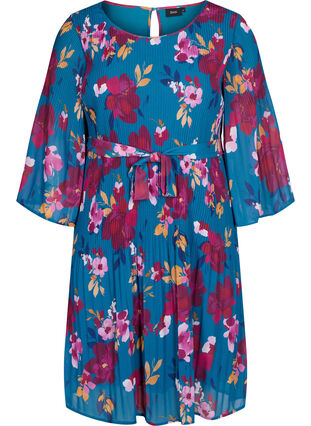 Wzorzysta plisowana sukienka z wiazaniem, Blue Coral Flower, Packshot image number 0