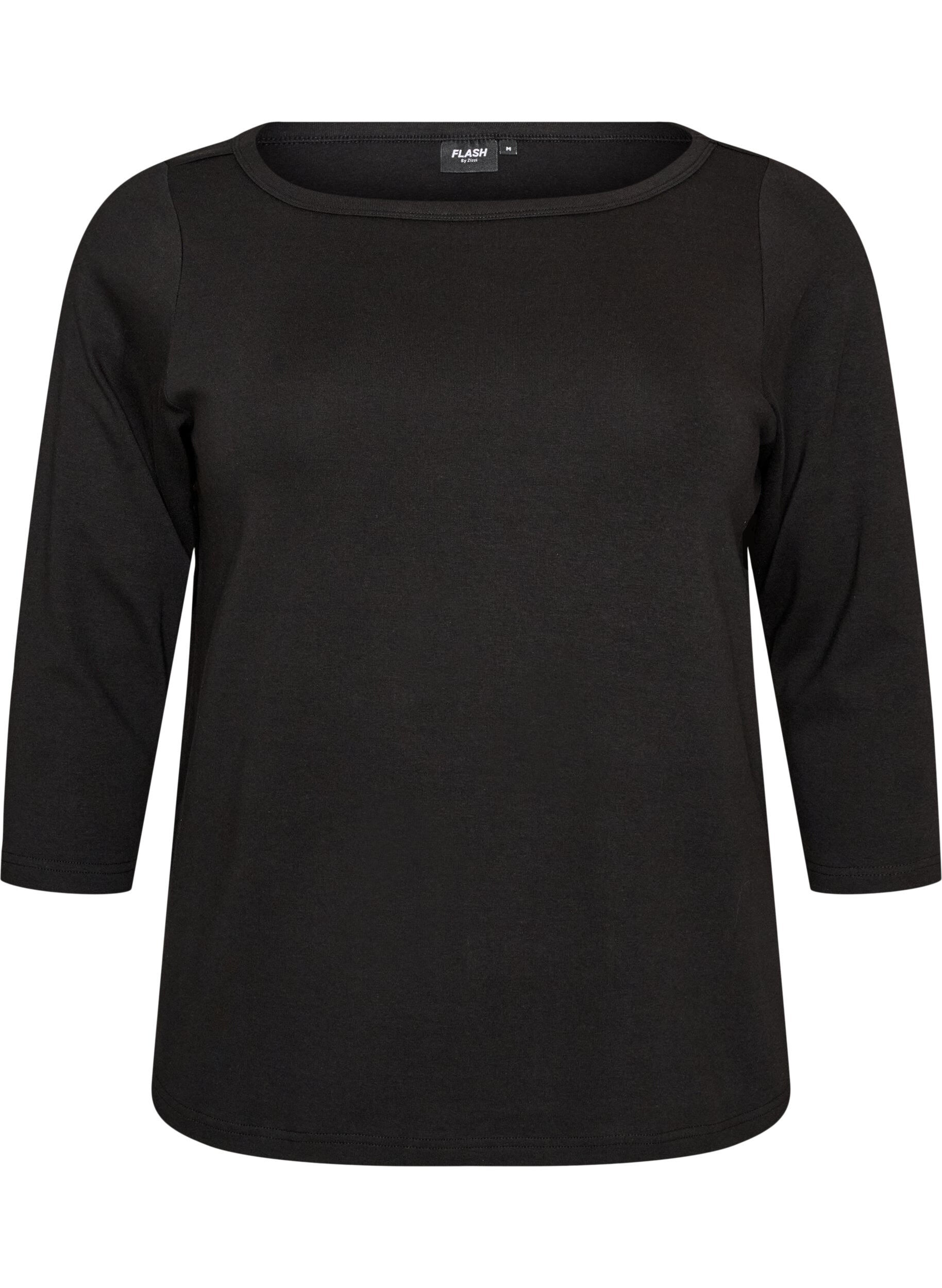 ZizziBasicowy T-shirt z dekoltem w l&oacute;dke i rekawami 3/4, Czarne, Packshot image number 0