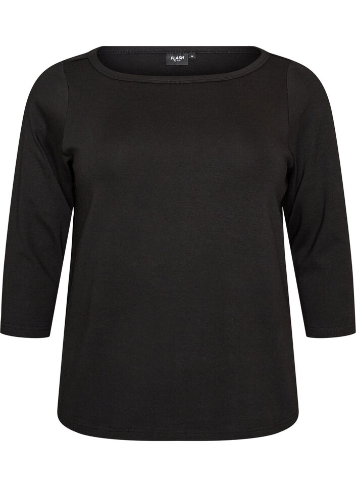 Basicowy T-shirt z dekoltem w l&oacute;dke i rekawami 3/4, Czarne, Packshot image number 0