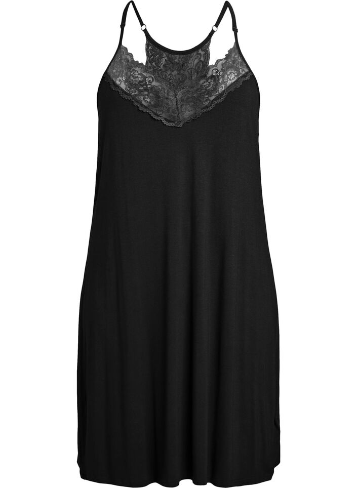 Koszula nocna z wiskozy bez rekawów z koronka, Czarne, Packshot image number 0
