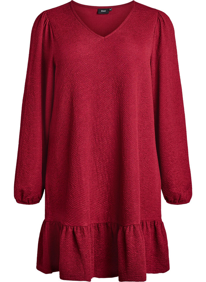 Krótka teksturowana sukienka z falbana u dolu, Ciemnobordowy, Packshot image number 0