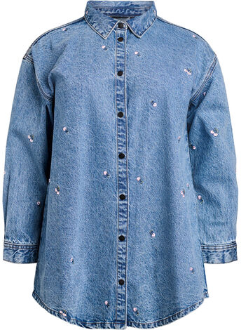 Koszula z denimu z haftowanymi motywami, Niebieskie, Model