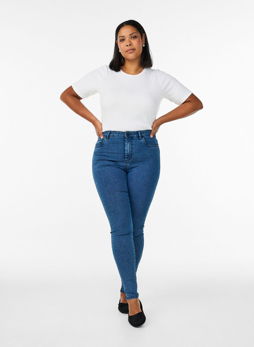 Jeansy super slim z wysokim stanem Amy, Niebieskie, Model image number 0