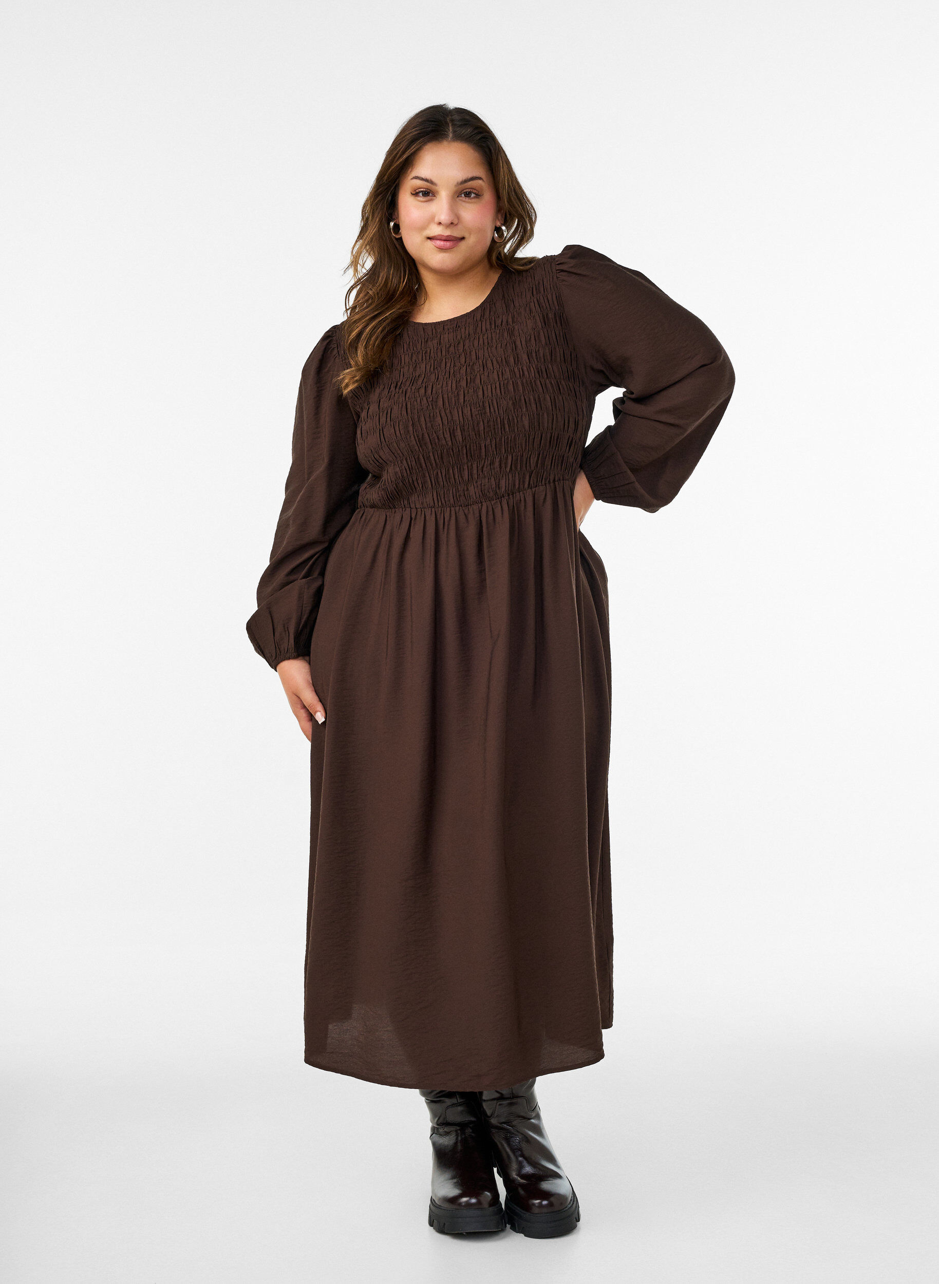 ZizziSukienka midi z wiskozy z marszczeniem, Brązowy, Model image number 1