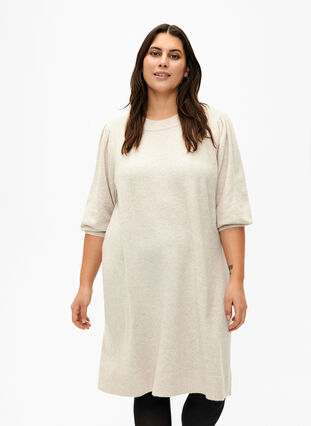 Dzianinowa sukienka z bufiastymi rekawami o dlugosci 3/4, Pumice S./White Mel., Model image number 0