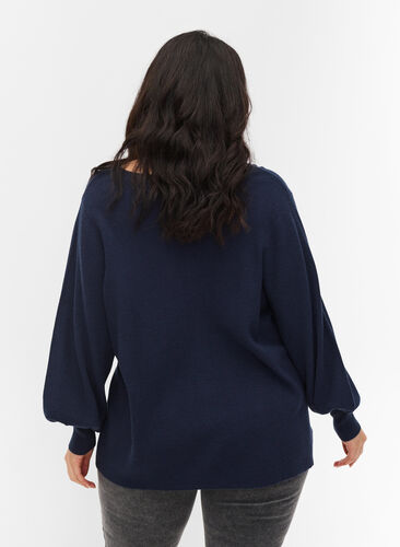 Knitted blouse with v-neck and puff sleeves, Navy Blazer, Model image number 1