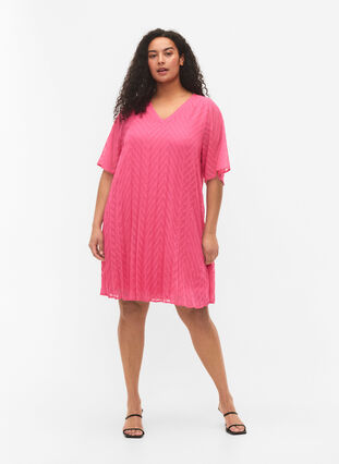 Plisowana sukienka z krótkim rekawem, Shocking Pink, Model image number 2