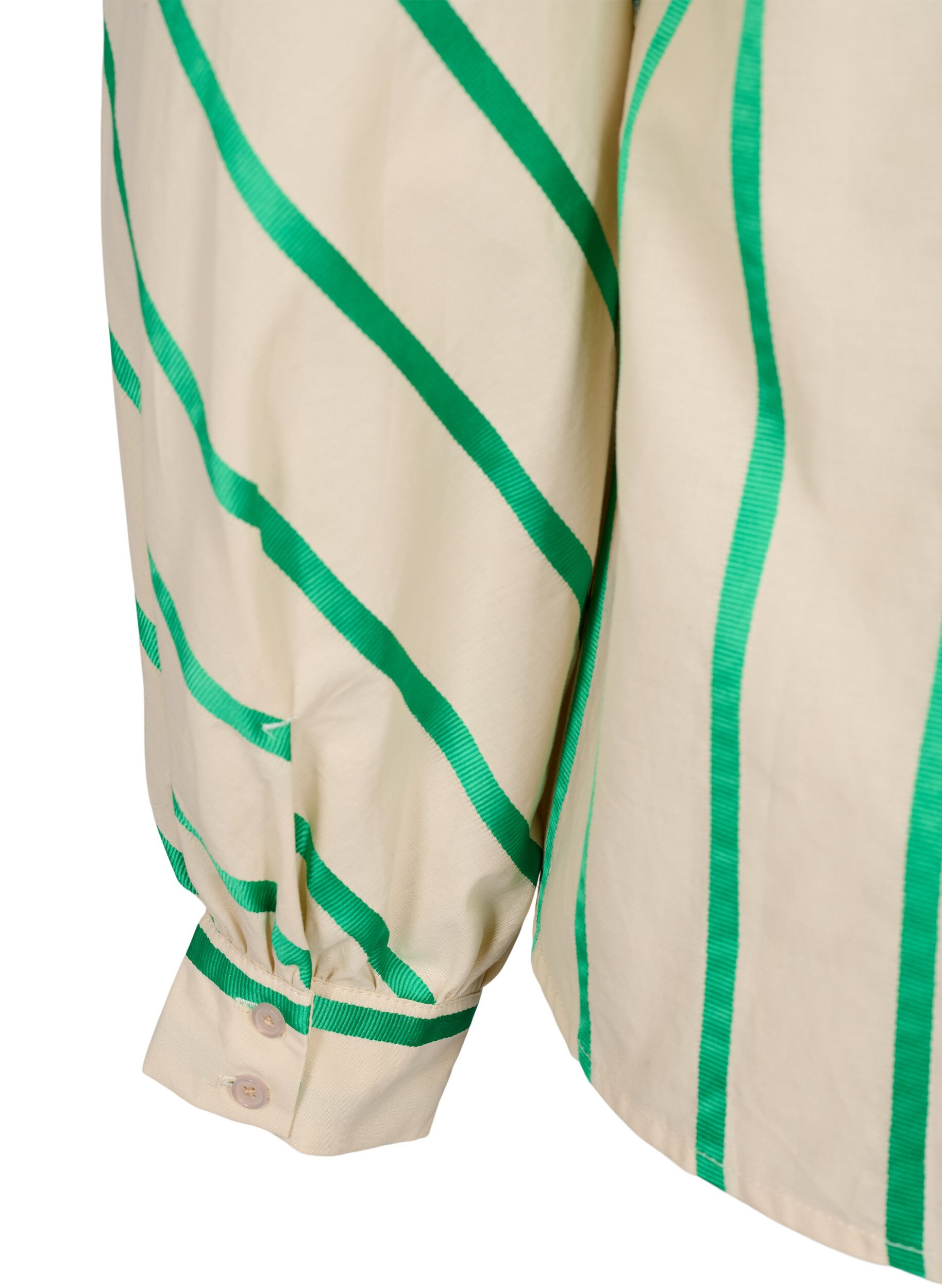 Zizzi Bawelniana bluzka koszulowa w paski z kolnierzykiem z falbanami, Beige Green Stripe, Packshot image number 3