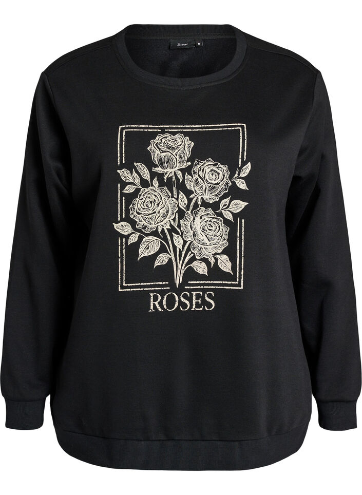 Bluza z nadrukiem w r&oacute;ze i krysztalkami, Czarne, Packshot image number 0