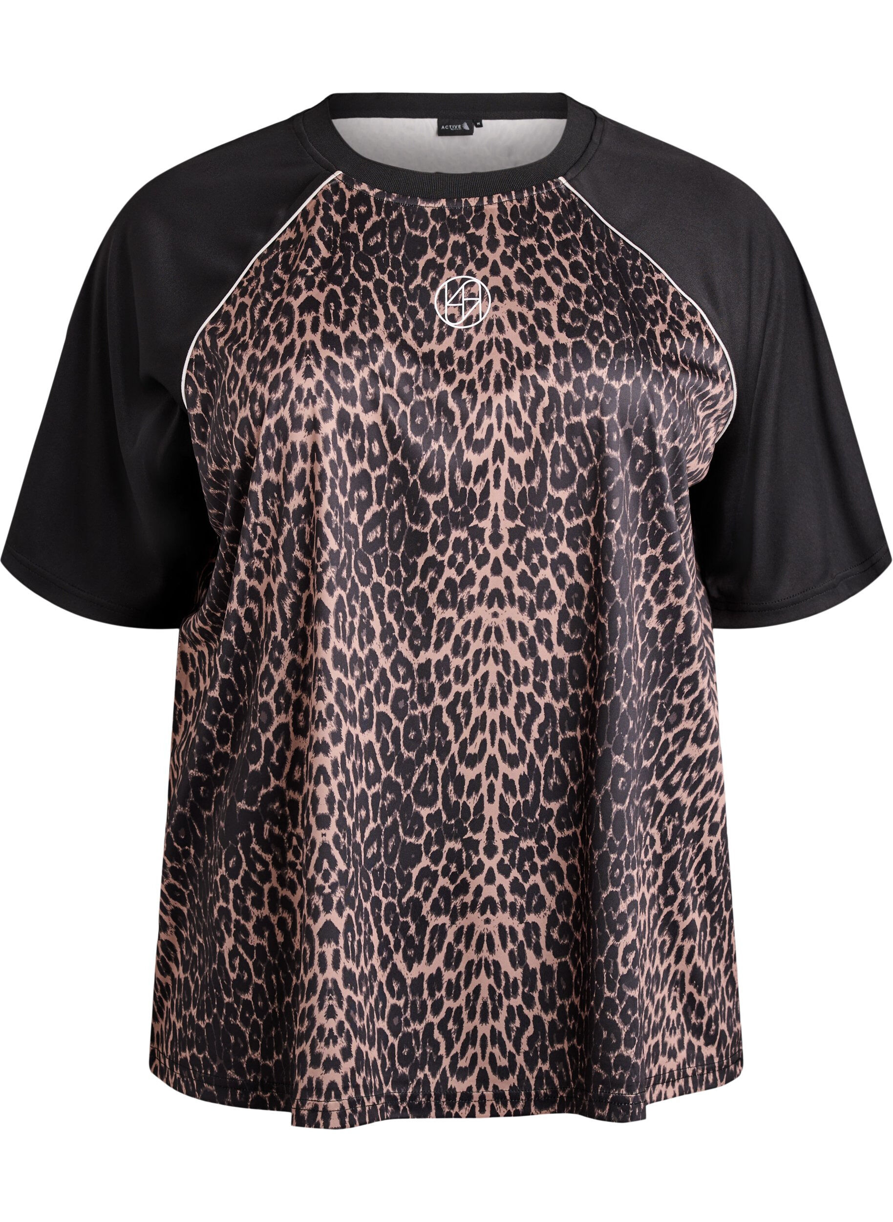 ZizziKoszulka treningowa z nadrukiem w ksztalcie leopard&oacute;w i rekawami raglan, Brązowy, Packshot image number 0
