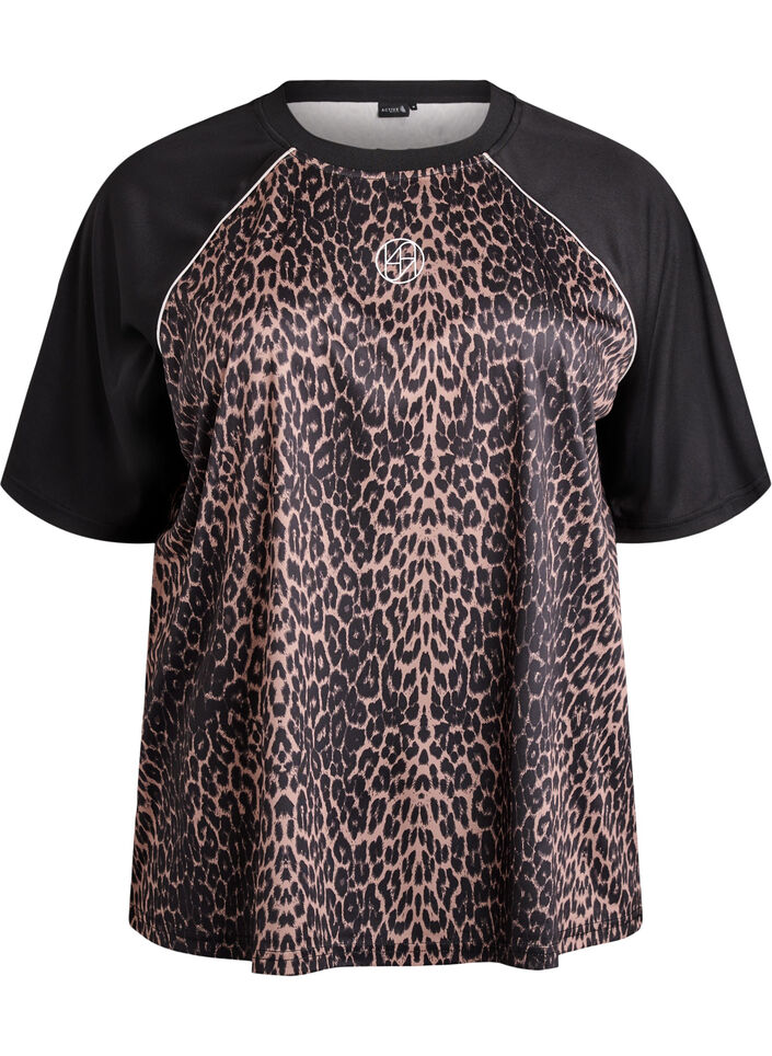Koszulka treningowa z nadrukiem w ksztalcie leopard&oacute;w i rekawami raglan, Brązowy, Packshot image number 0